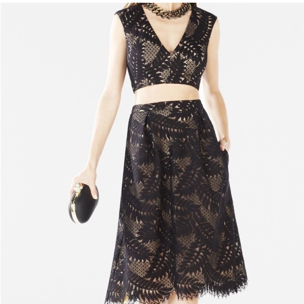 BCBGMaxAzria Black and Tan Midi A-Line Set